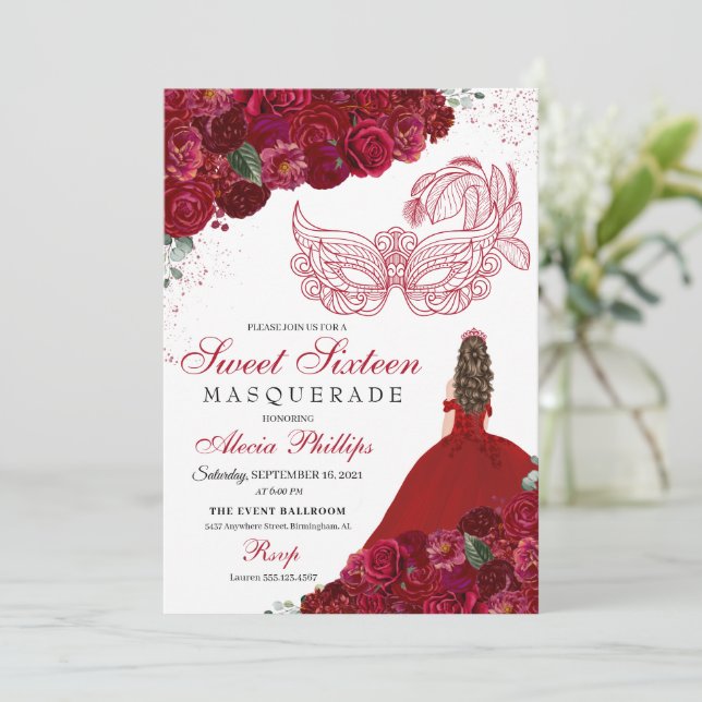 Red Floral Masquerade Sweet 16 Invitation (Standing Front)