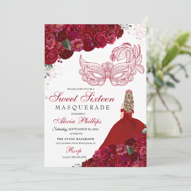 Red Floral Masquerade Sweet 16 Invitation (Standing Front)