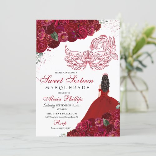 Red Floral Masquerade Sweet 16 Invitation