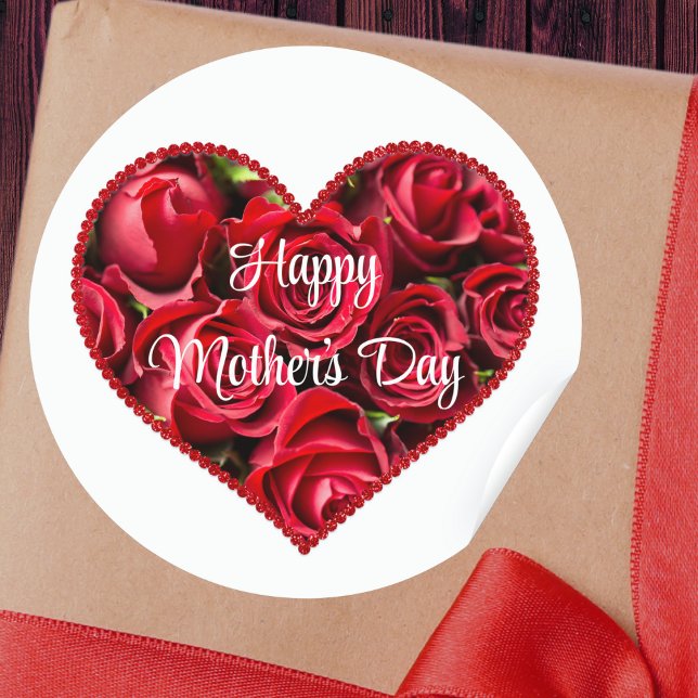 Red Floral Modern Elegant Happy Mothers Day Classic Round Sticker (Creator Uploaded)