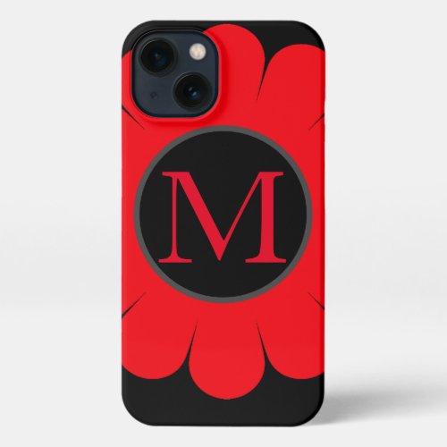 Red Floral Monogram Black Custom Name Abstract iPhone 13 Case