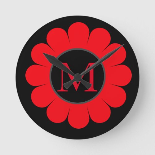 Red Floral Monogram Black Custom Name Abstract Round Clock