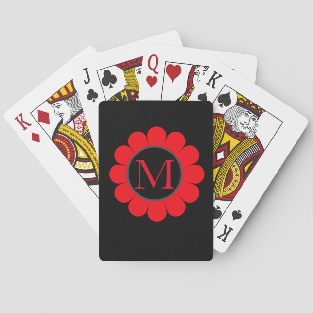 Red Floral Monogram Black Custom Name Favor Gift Poker Cards (Back)