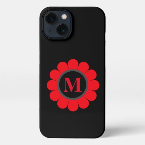 Red Floral Monogram Black Custom Name Gift iPhone 13 Case