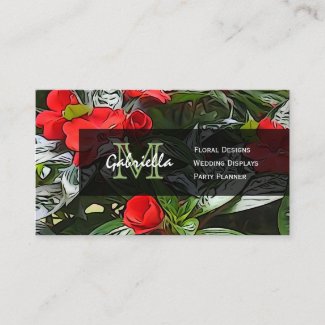 Red Floral Monogram Business Cards