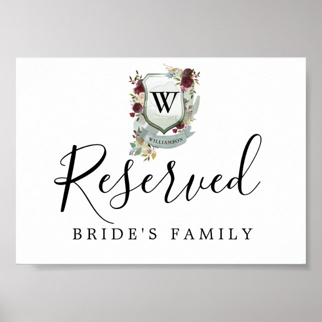 Red Floral Monogram Crest Wedding Reserved Sign (Front)