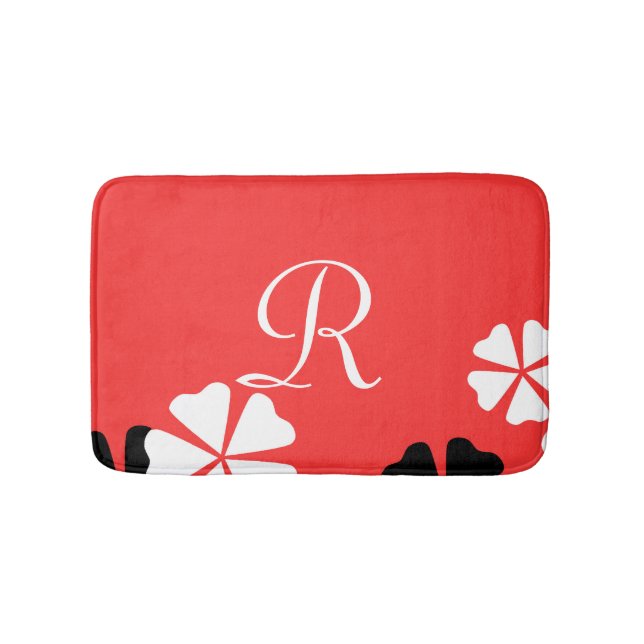 Red Floral Monogram Minimalist Plush Bathroom Mat (Front)
