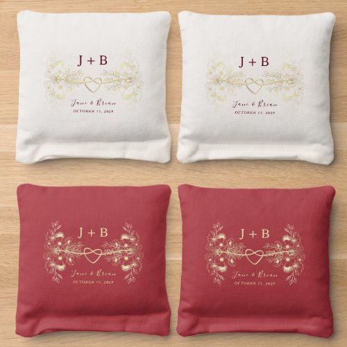 Red Floral Monogram Wedding Cornhole Bags