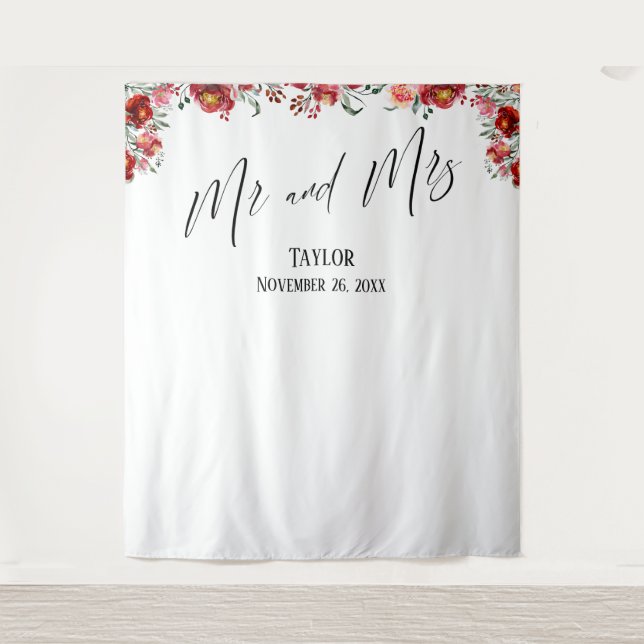 Red Floral Mr and Mrs Photo Backdrop (Front)