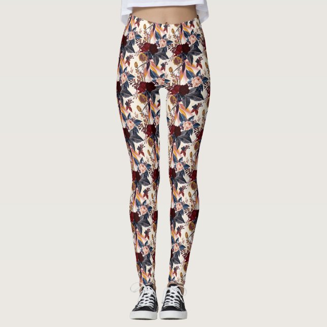 Red Floral Multi Color Women's Leggings (Front)