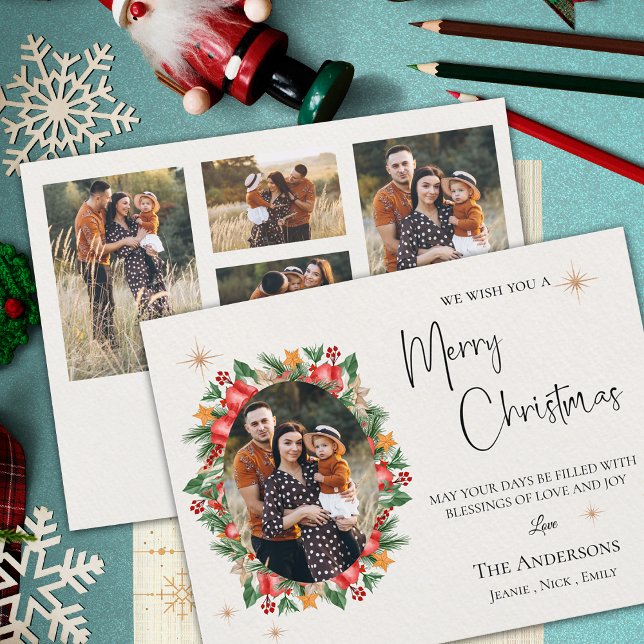 Red Floral Multi Photo Merry Christmas Holiday Postcard (Red Florals Multi Family Photos Merry Christmas Postcard)