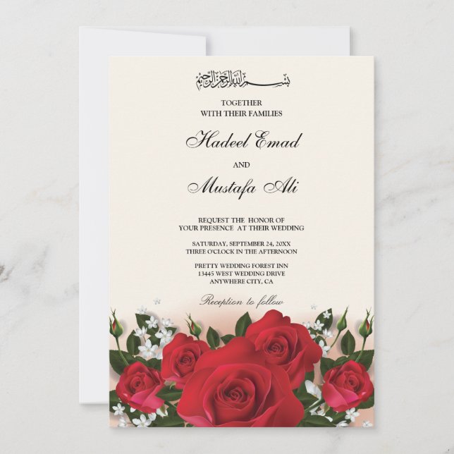 red floral muslim wedding invitations (Front)