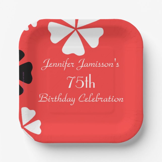 Red Floral, Name, 75th Birthday Party Square Paper Plates (Front)