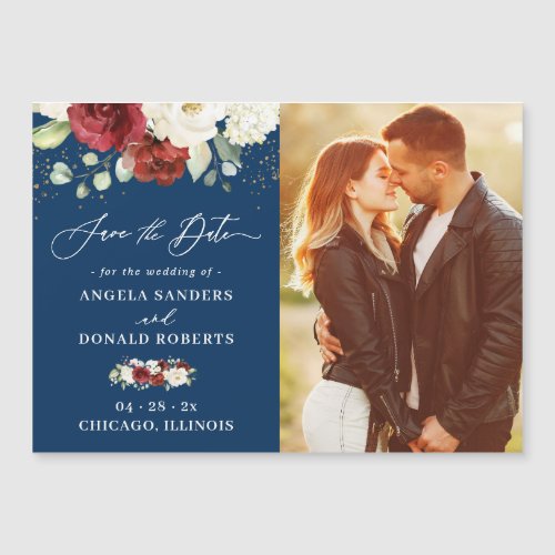 Red Floral Navy Blue Wedding Save the Date Magnet - Red White Floral Wedding Save the Date Magnetic Card