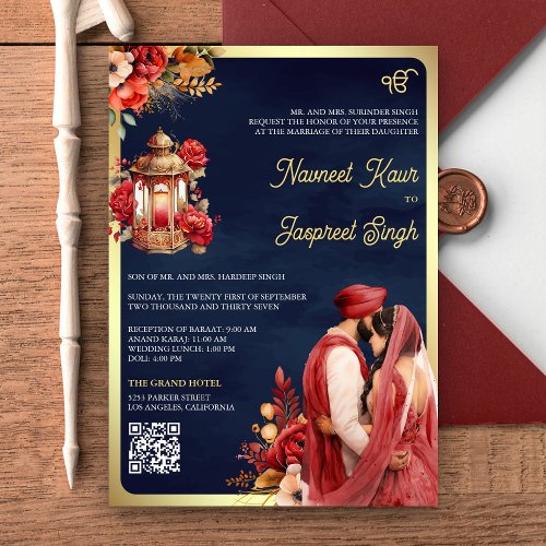 Red Floral Navy QR Code Anand Karaj Sikh Wedding Invitation