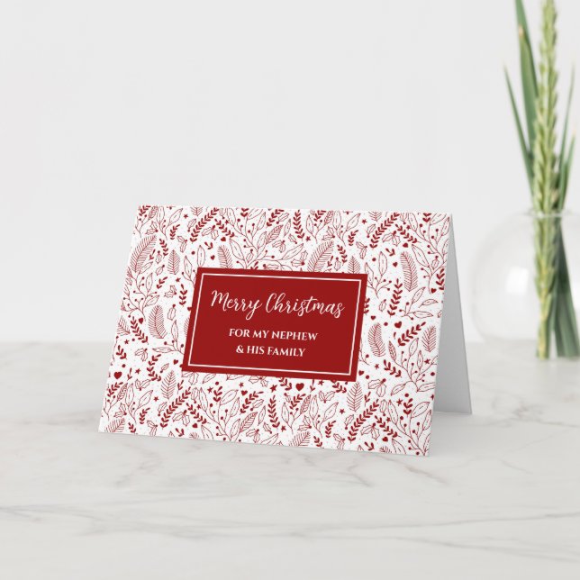 Red Floral Nephew & Family Merry Christmas Card (Front)