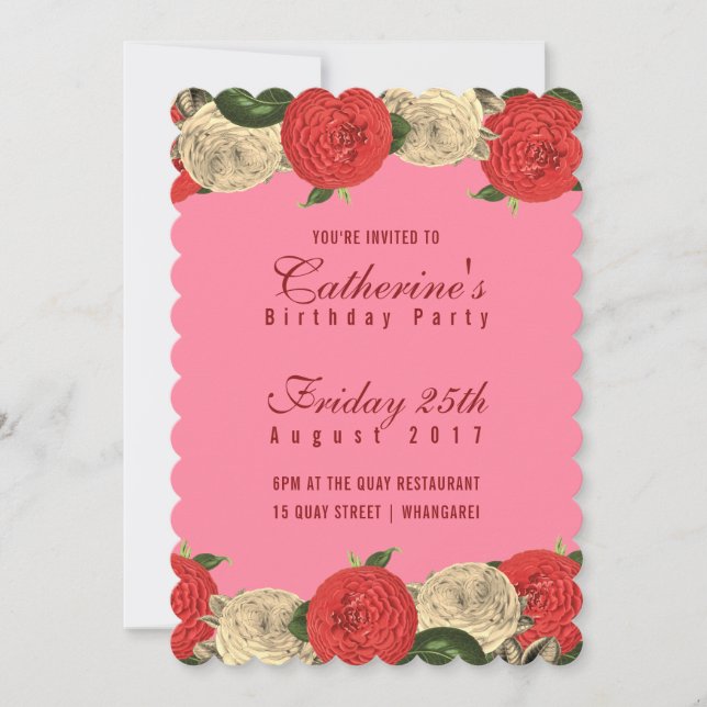 Red Floral on Pink Birthday Invitation (Front)