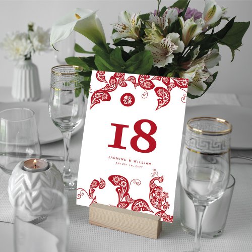 Red Floral Paisley Peacock Elegant Chinese Wedding Table Number