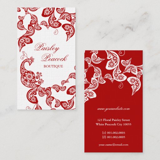 Customizable Red Floral Paisley Peacock Stylish Chic Elegant Business Card Template