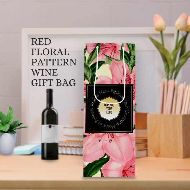 Red Floral Pattern Add Your Logo & Business Name  Wine Gift Bag (Creator Uploaded)