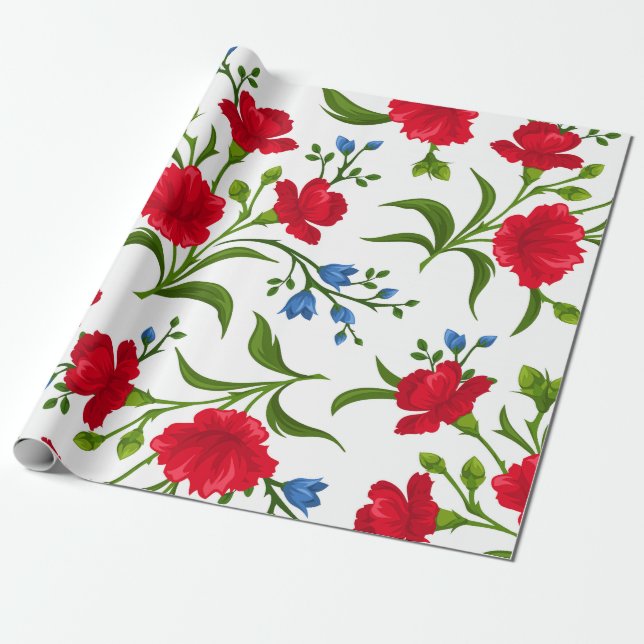 Red Floral Pattern Botanical Gift Wrapping Paper (Unrolled)