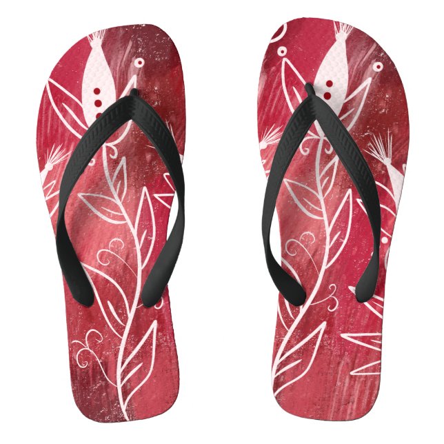 Red Floral Pattern Flip Flops (Footbed)