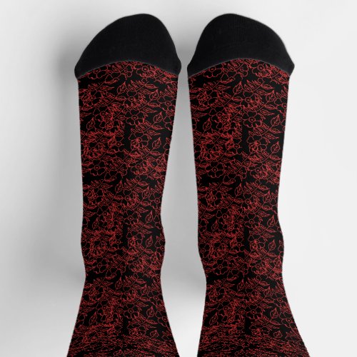 Red Floral pattern on black Socks