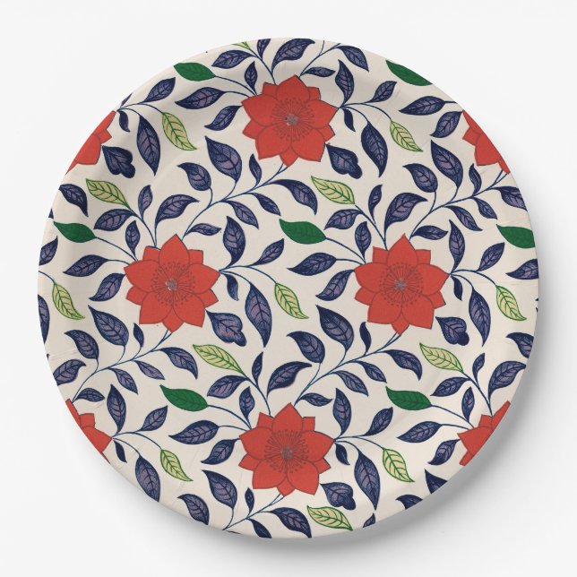 Red Floral Pattern Paper Plates (Front)