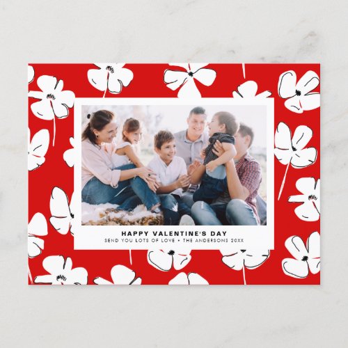 Red Floral Pattern Photo Valentines Day Holiday Postcard