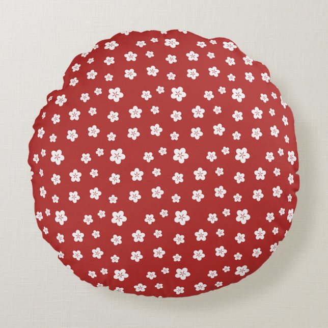 Red Floral Pattern Round Pillow (Front)