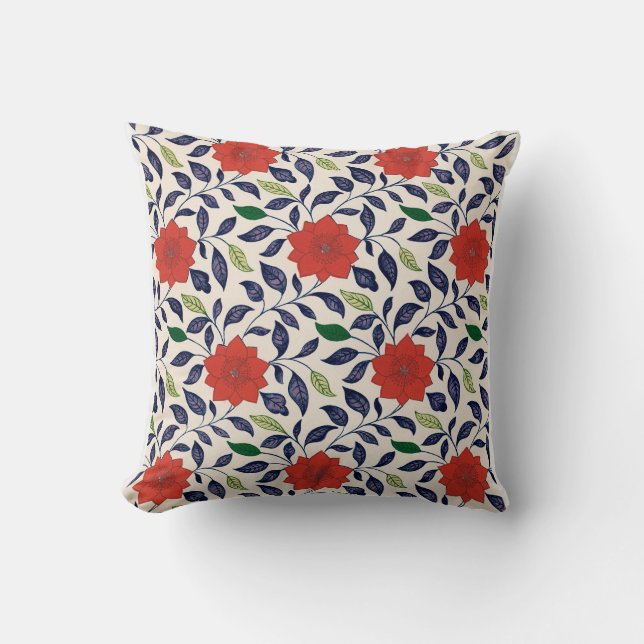 Red Floral Pattern Throw Pillow (Front)