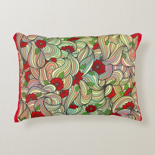 Red Floral Pattern with Colorful Soft Wavy Lines   Accent Pillow