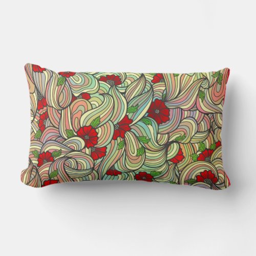 Red Floral Pattern with Colorful Soft Wavy Lines  Lumbar Pillow