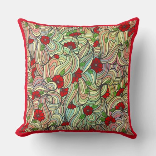 Red Floral Pattern with Colorful Soft Wavy Lines Throw Pillow