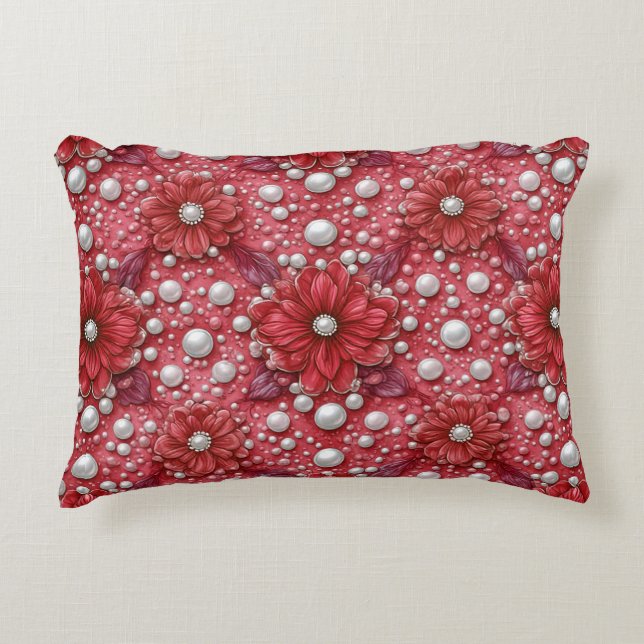 Red Floral Pattern With Pearl Accents Accent Pillow (Front)