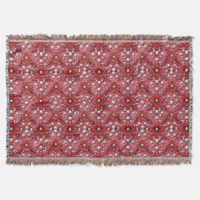 Red Floral Pattern With Pearl Accents Throw Blanket (Front)
