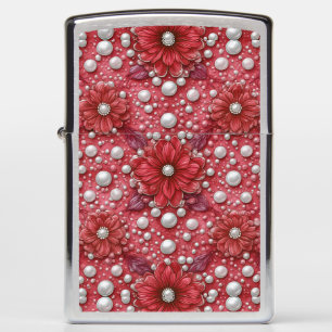 Red Floral Pattern With Pearl Accents Zippo Lighter