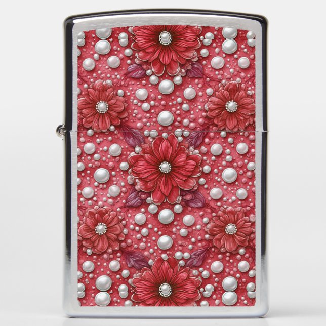 Red Floral Pattern With Pearl Accents Zippo Lighter (Front)