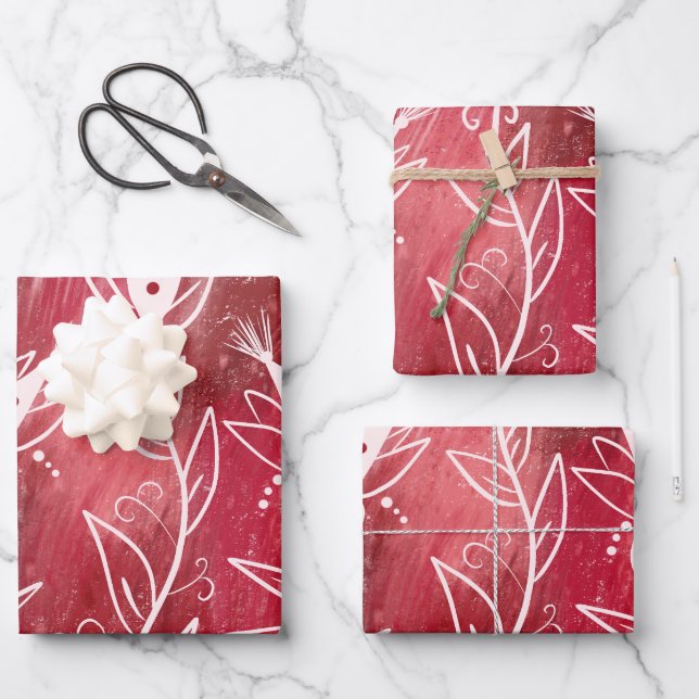 Red Floral Pattern Wrapping Paper Sheets (Front)