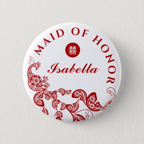 Red Floral Peacock Asian Wedding Maid Of Honor Pinback Button