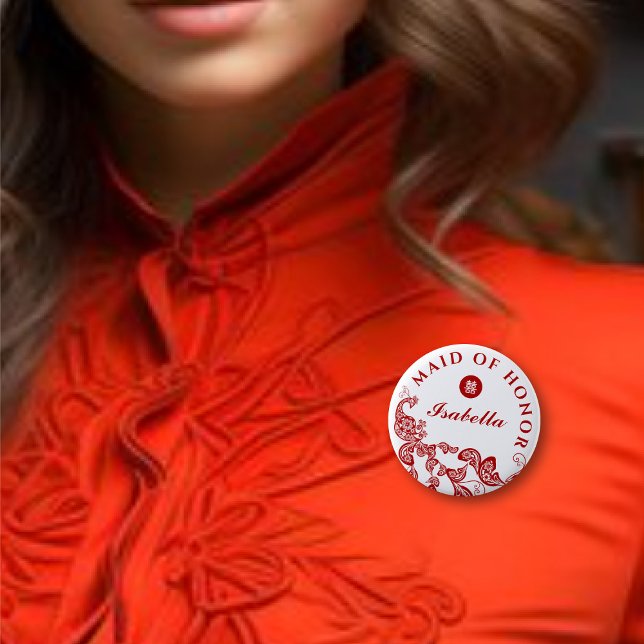 Red Floral Peacock Asian Wedding Maid Of Honor Pinback Button (MAID OF HONOR Red Boho Peacock Double Happiness Chinese Wedding Pin Button @ fatfatin_red_knot)