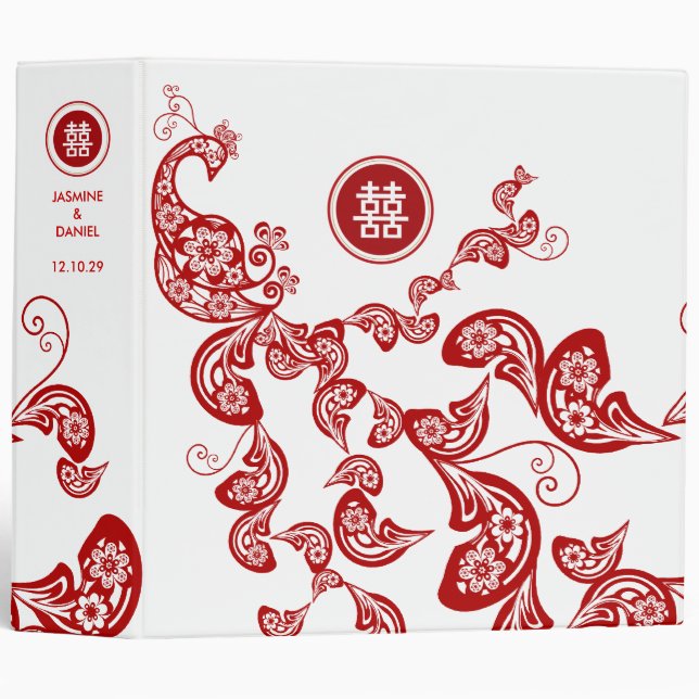 Red Floral Peacock Double Happiness Asian Wedding 3 Ring Binder (Front/Spine)