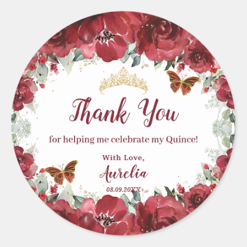 Red Floral Peony Butterflies Quinceanera Favor Classic Round Sticker