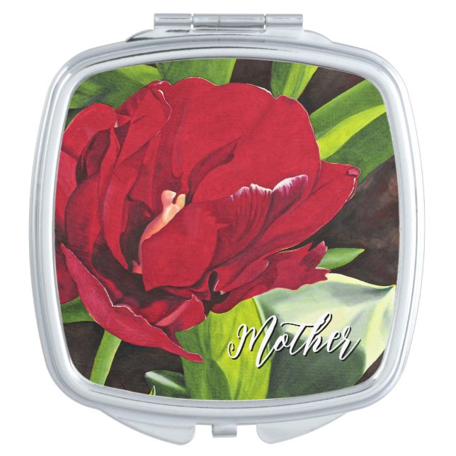 Red Floral Peony Mother Compact Mirror (Front)