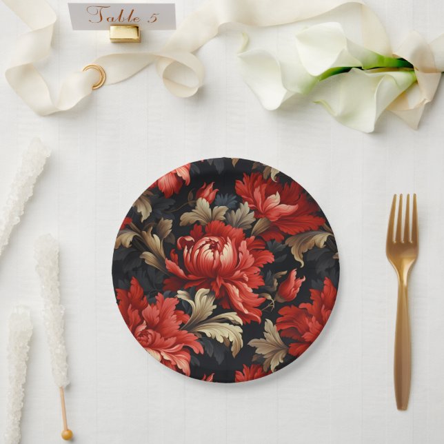 Red Floral Peony Paper Plates (Wedding)