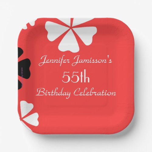 Red Floral Personalized 55th Birthday Party Square Paper Plates