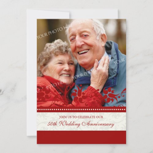 Red Floral Photo 50th Anniversary Invitation