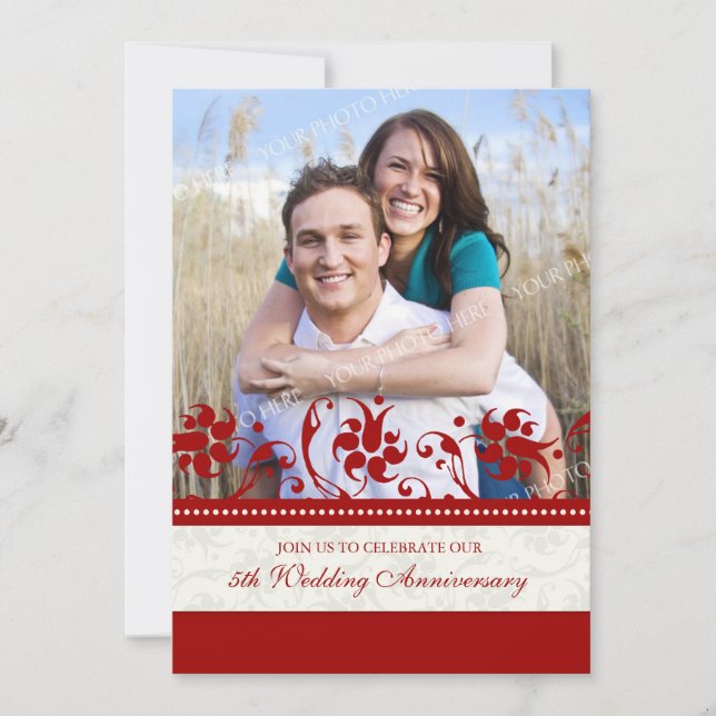 Red Floral Photo 5th Anniversary Invitation (Front)