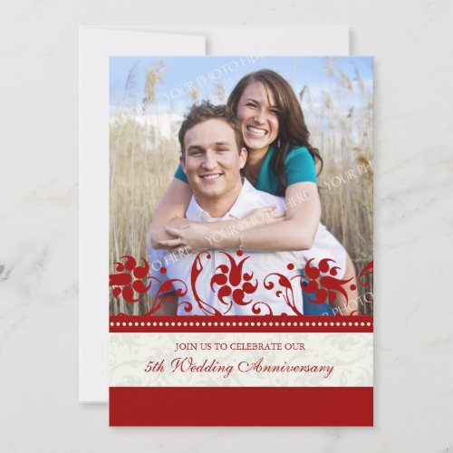 Red Floral Photo 5th Anniversary Invitation