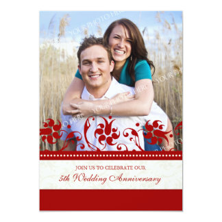 Red Floral Photo 5th Anniversary Invitation